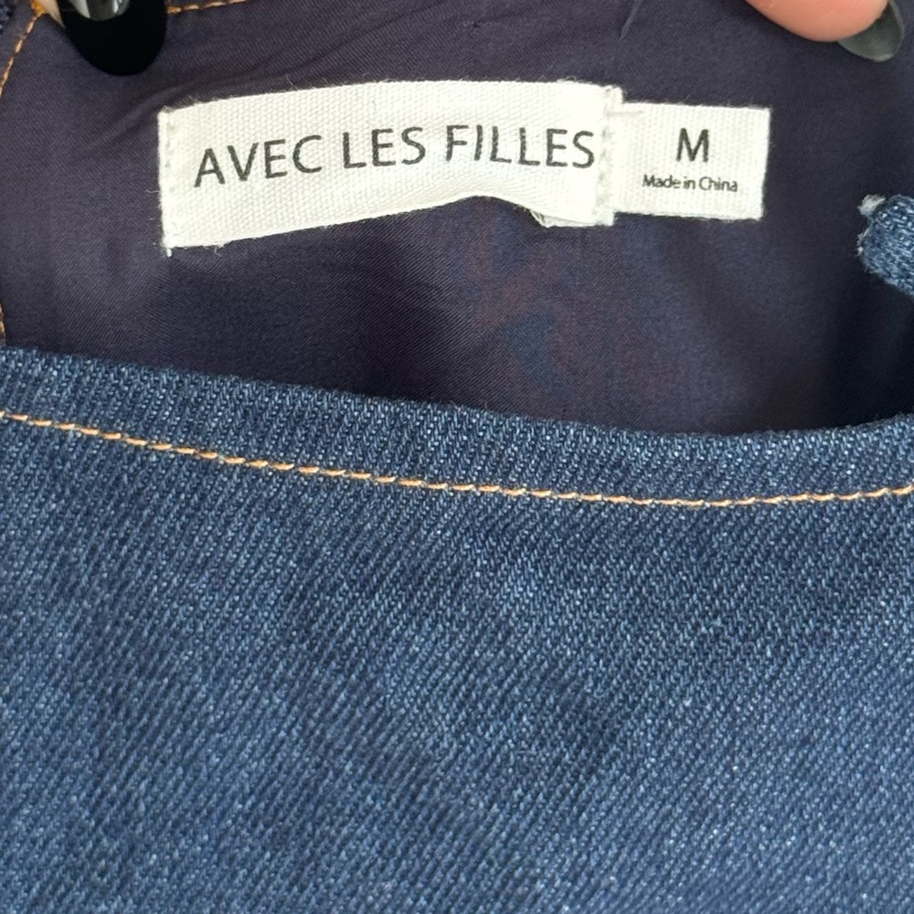 Avec Les Filles Dark Wash Denim Ruffle Mini Dress – Size M - Picture 4 of 8